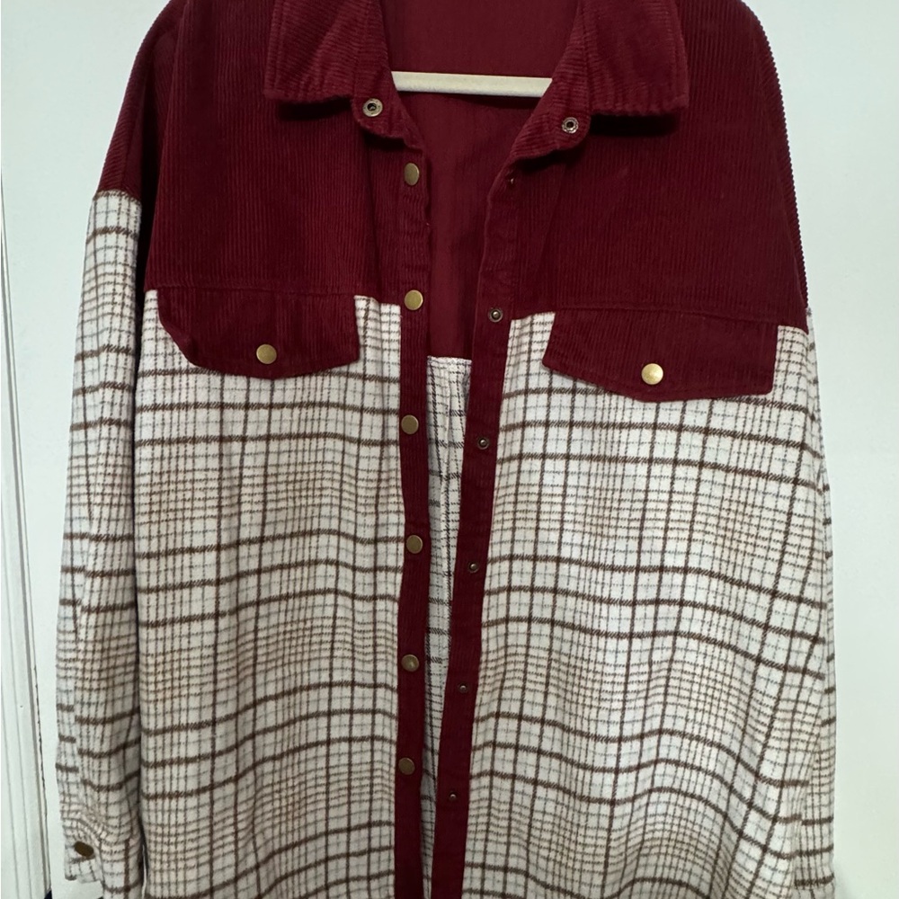 Burgundy and Plaid Button-Up Jacket